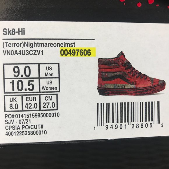 VANS x Nightmare on Elmstreet Sk8-Hi Horror Freddy Krueger Edition Sneakers - Picture 7 of 7